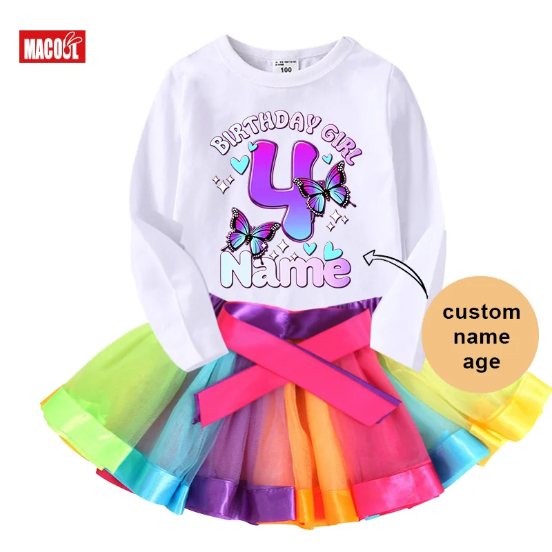 Girls Birthday Outfits Tutu Dress Set Butterfly Birthday Party Shirt Suit Girl Party Light Dress 5 Years Skirt Sets Long Sleeved