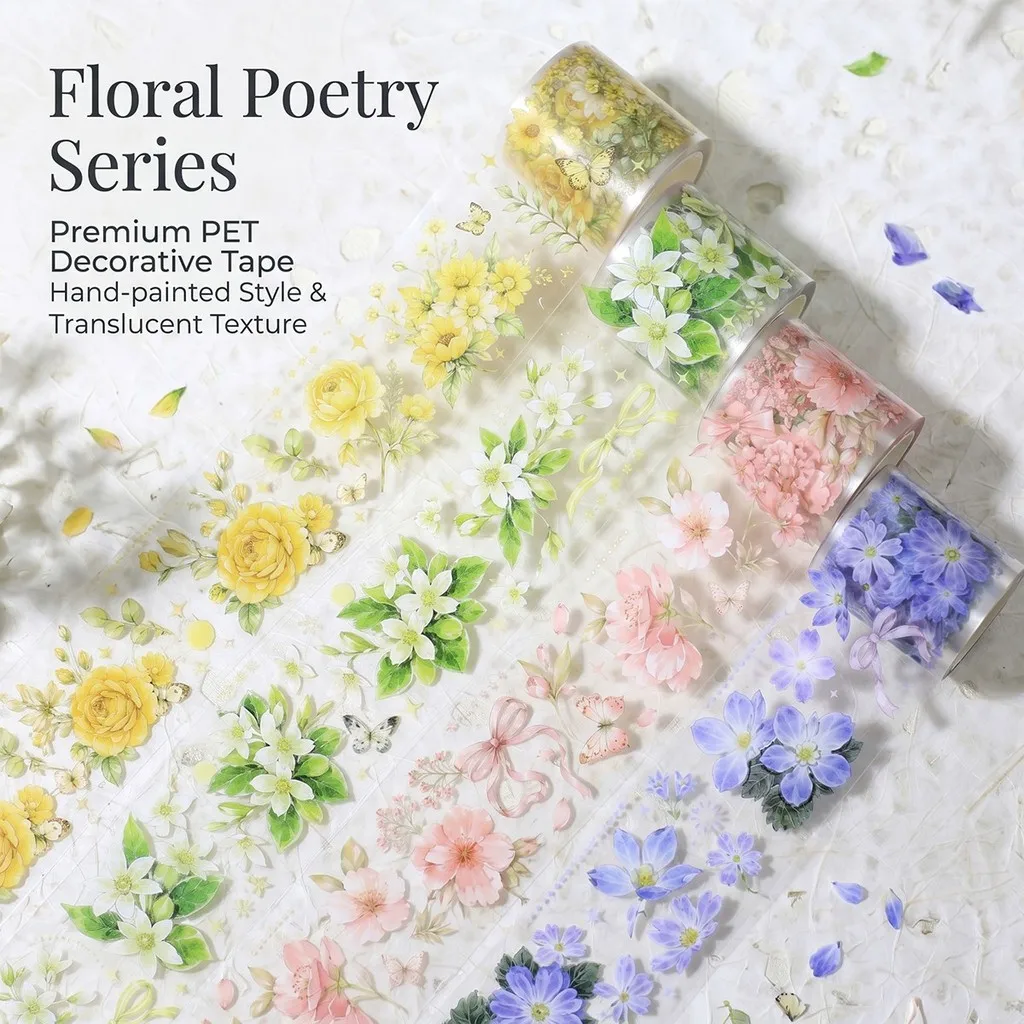 50mm*2m PET Flowers Transparent Tape Stickers for Scrapbooking Junk Journal Supplies Collage Stationery Tapes