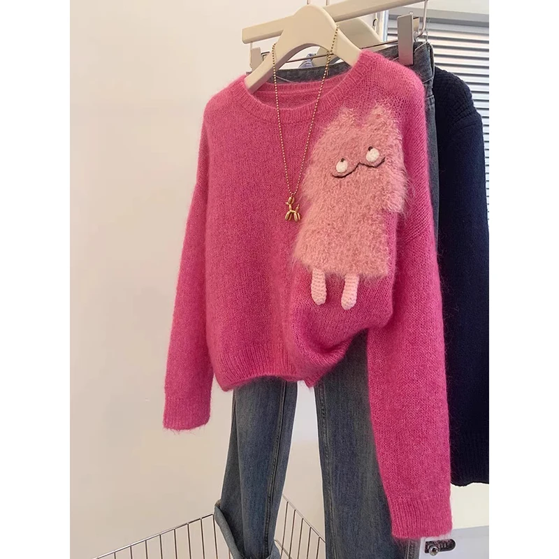 Cartoon Embroidery Sweaters Women Sweet Loose O-neck Cute Knitted Pullovers Autumn Winter Warm Harajuku Warm Rose Red Sweater