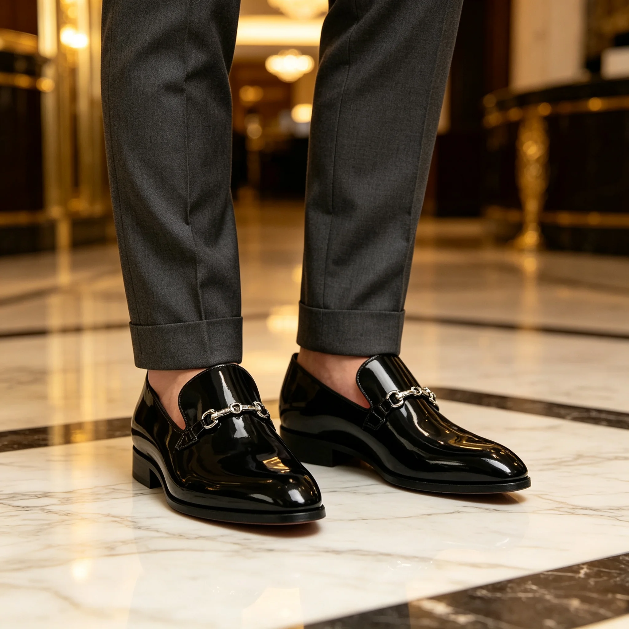 Men Fashion Glossy Patent Leather Loafers Black Silver Metal Buckle Pointed Toe Slip On Dress Shoes Party Evening Footwear