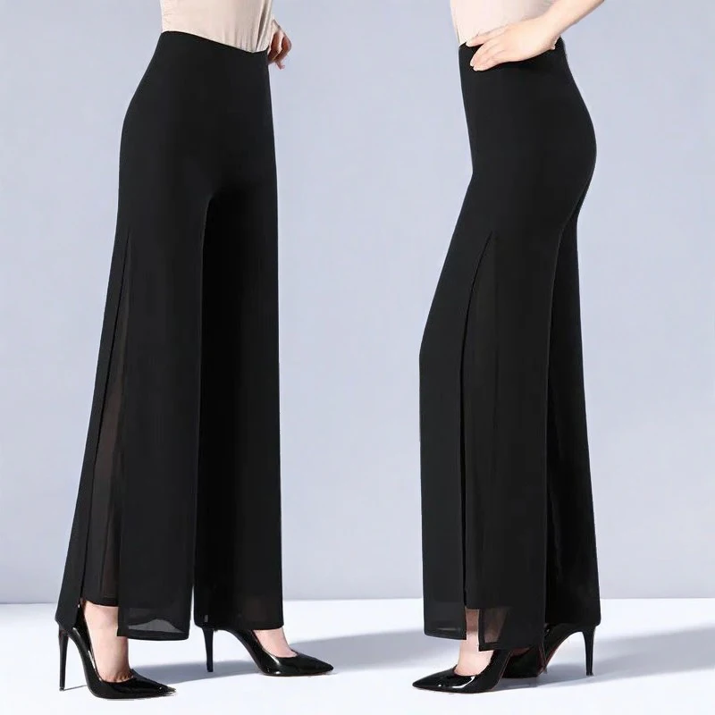 

Summer New Sle Women's Loose Chiffon Wide Leg Pants High Waist Slimming Thin Model Open Slit Straight Long Trousers