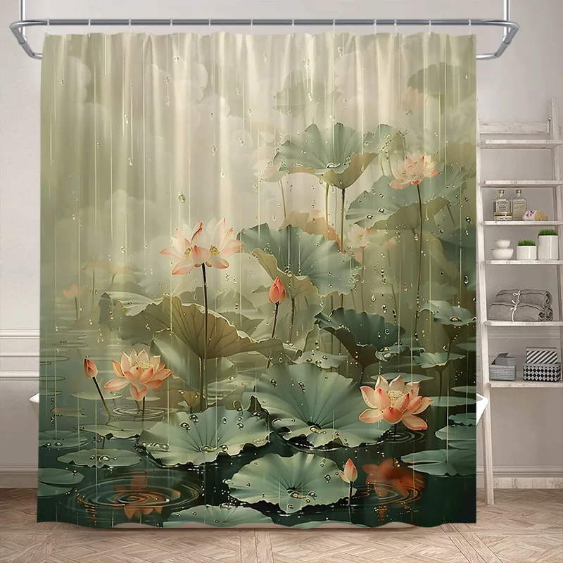 Pink Lotus Shower Curtains Vintage Chinese Style Flowers Plants Lake Nature Scenery Home Bathroom Decor Bath Curtain With Hooks