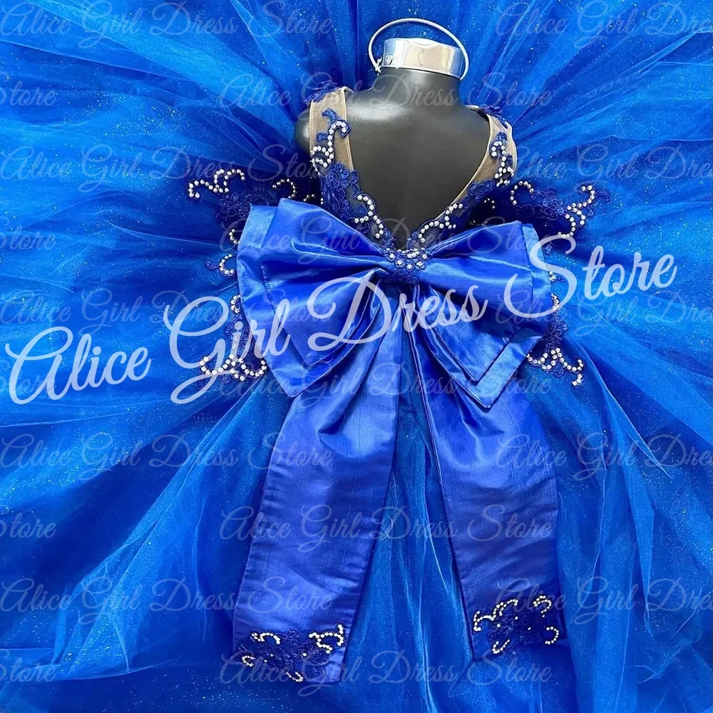 فستان فتاة الزهور باللون الأزرق الملكي مخصص مع فيونكة دانتيل مزين بحفلات أعياد الميلاد وحفلات التخرج وحفلات الزفاف