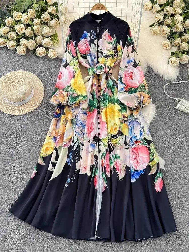 

2024 Spring Holiday Tulip Floral Maxi Dress Elegant Stand Collar Single Breasted Lantern Sleeve Belt Prom Robe Clothes Vestidos