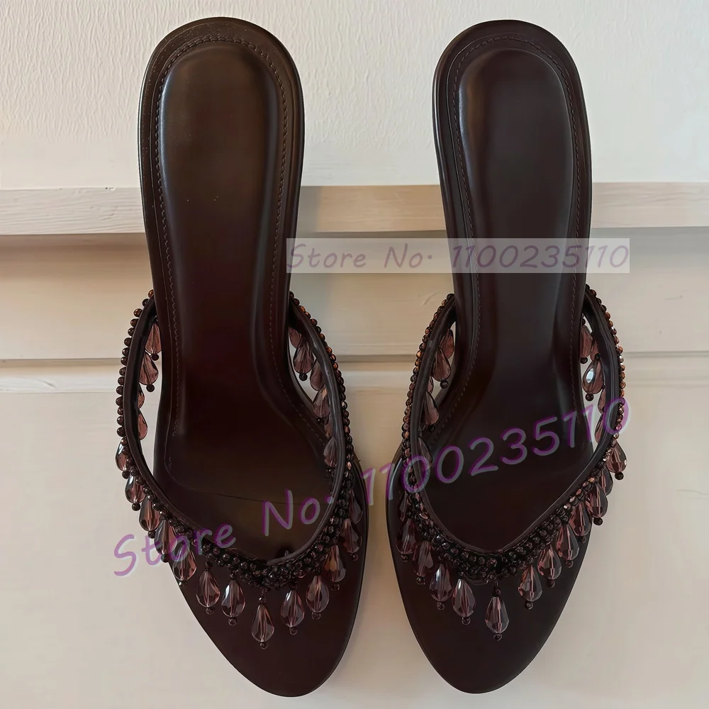 

Crystal Drop Heels Thong Slippers Women Shimmer Pendant Beaded High Heels Mules Ladies Classy Party Shallow Flip Flop Shoes
