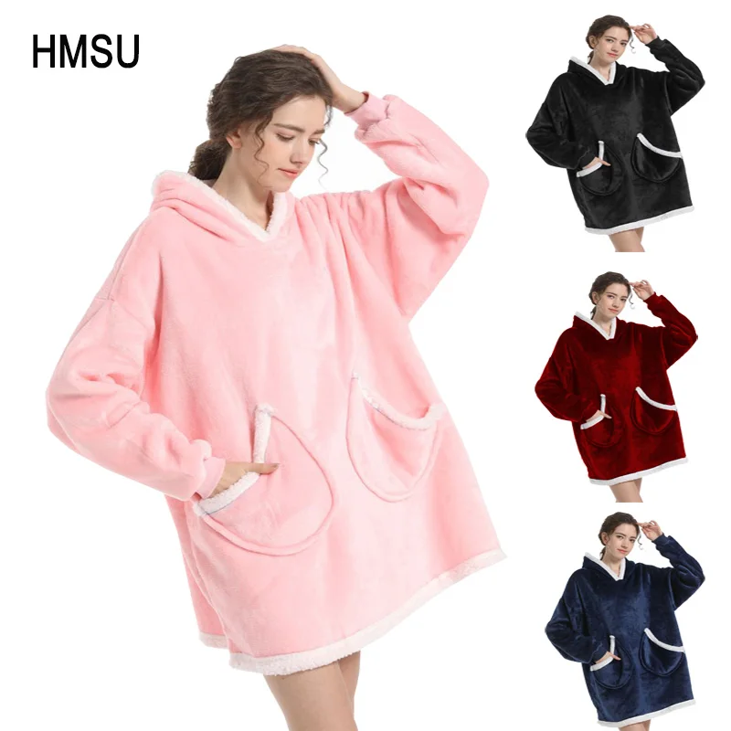 HMSU Blanket with Sleeves Oversized Winter Hoodie Fleece Warm Hoodies Sweatshirts Giant TV Blanket Women Men Hoody Robe Couple