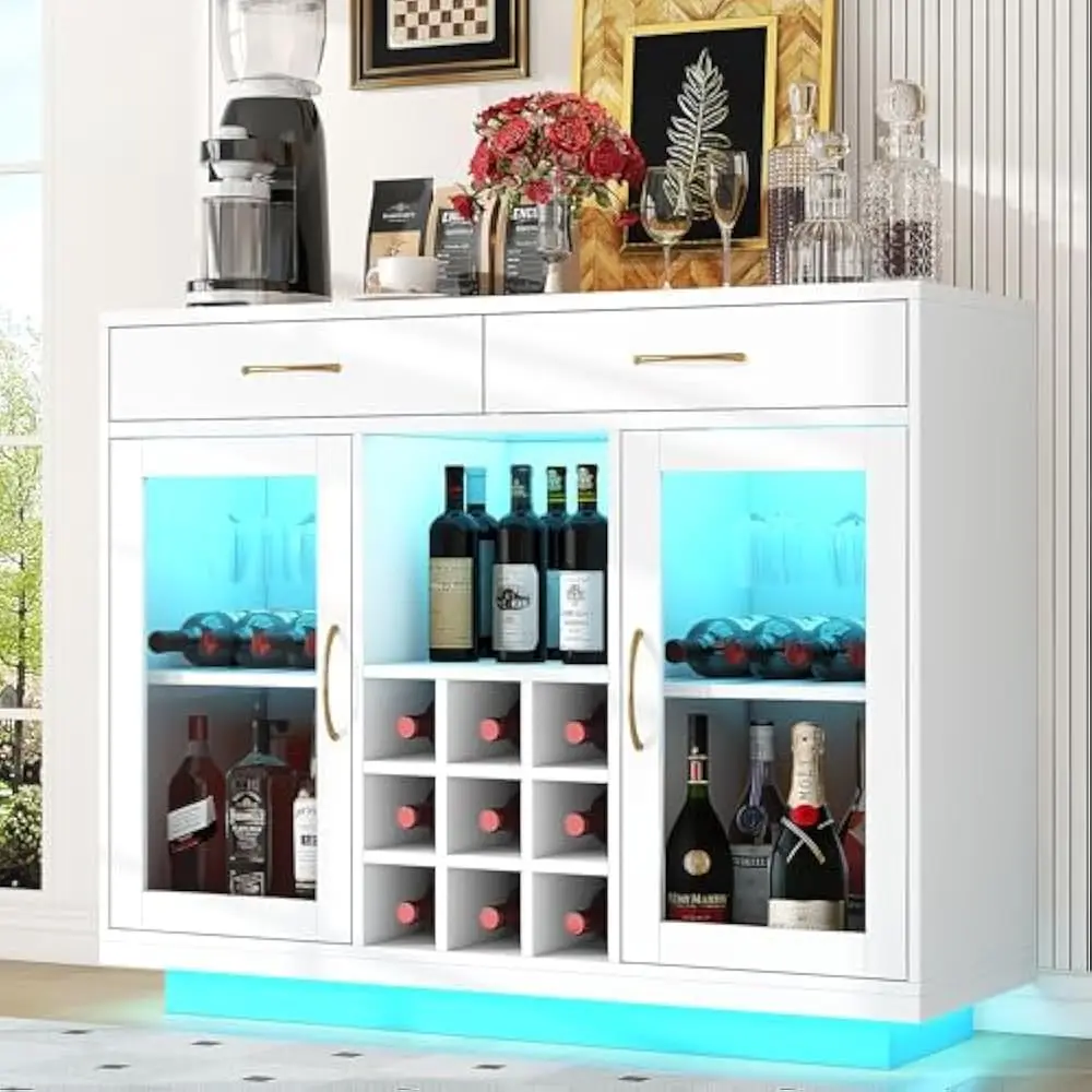 

Bar Cabinet w/LED Lights, Liquor Cabinet & Wine and Glass Rack, Wine Cabinet Coffee Bar Cabinets, Buffet Sideboard & Storage