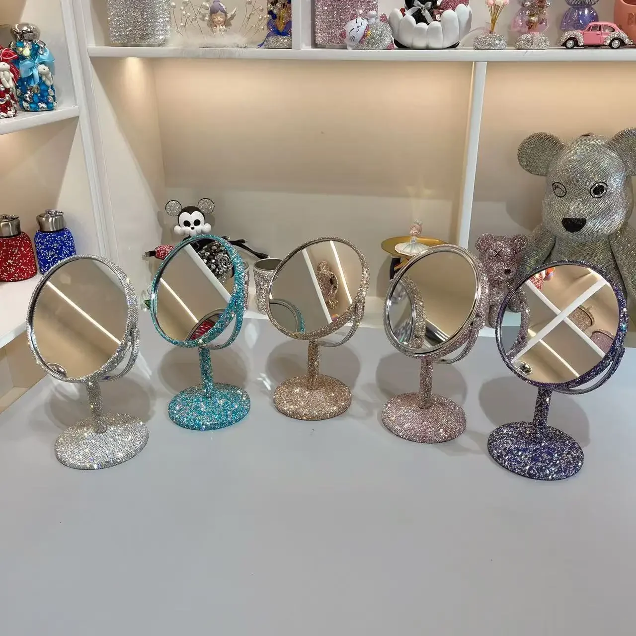 Creative Rhinestone Rotating Folding High-end Makeup Mirror with Diamond Inlaid Home Desktop Fashion Decoration Mirror Gift