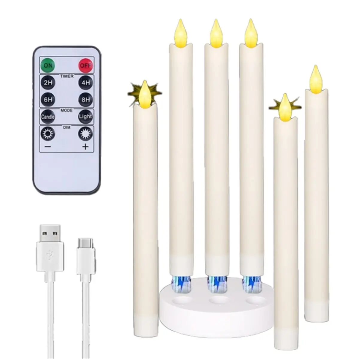 [Vend for]6Pcs LED Taper Candles, Rechargeable Flameless Taper Candles with Charging Station & Remote, 3D Flame Flickering