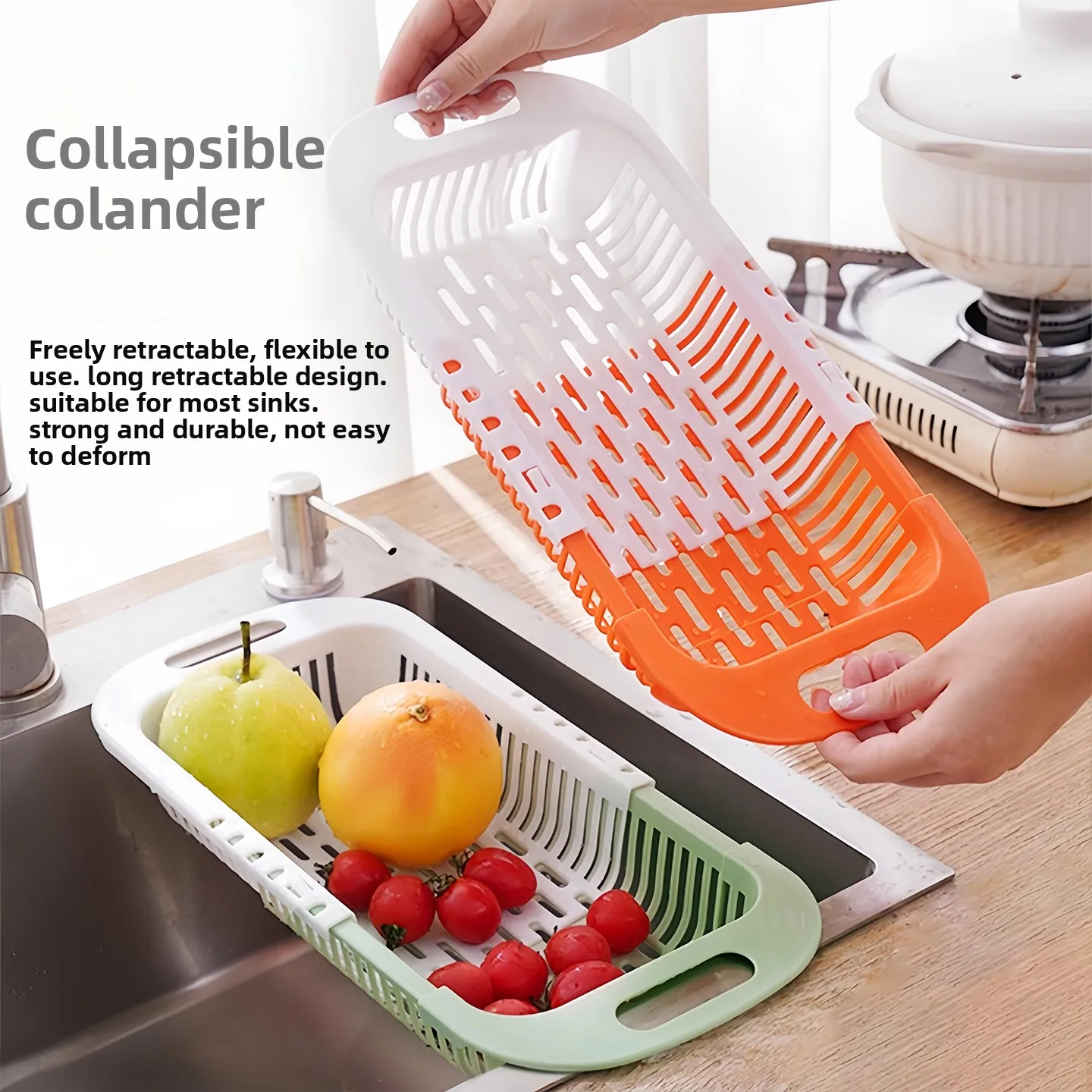 Expandable Kitchen Colander Adjustable Sink Strainer Basket Vegetable Fruit Washing Drain Basket Space Saving Tool for Kitchen
