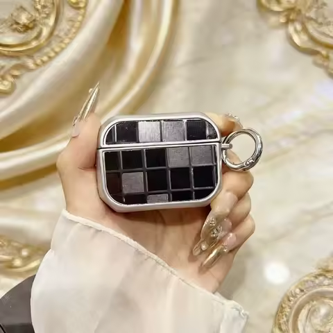 Suitable for cute electroplated headphone cases, with a keychain and grid pattern protective cover, ultra-thin hard shell