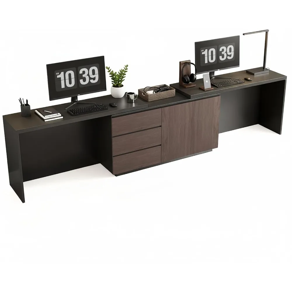 مكتب كمبيوتر طويل للغاية مقاس 135 بوصة، طاولة لشخصين مع 3 أدراج وبابين للخزانة، طاولة تعلم لمحطة العمل المزدوجة للعائلة