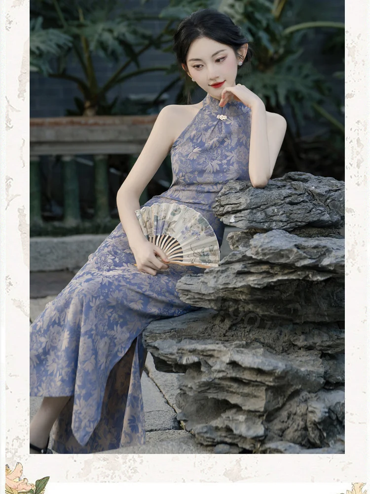Purple Print Cheongsams Sexy Sleeveless Qipao New Chinese Style Dress Female Spring Summer Vestidos Elegant Qipaos Costume