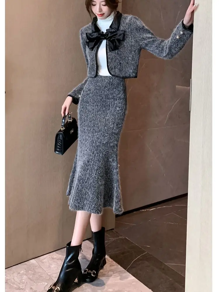 Women Elegant Woolen Prom Party Suit Bow Jacke Coat And Long Skirt Two Piece Set Outfit 2023 Winter Elegant Workwear Warm Cloth