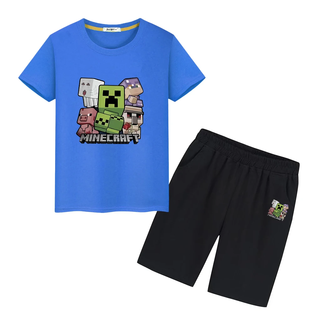 

Детский костюм Minecraft, футболка из 100% хлопка, топы из 2 предметов + короткие футболки Kawaii, спортивные комплекты для мальчиков и девочек, футболки с аниме, детская бутиковая одежда
