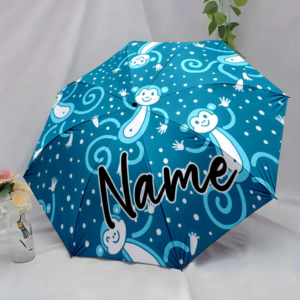 Custom Name Umbrella Playful Monkeys on a Blue Umbrella Design Print 8 Iron Ribs Folding Umbrella Auto-Open Fashion Sunshade