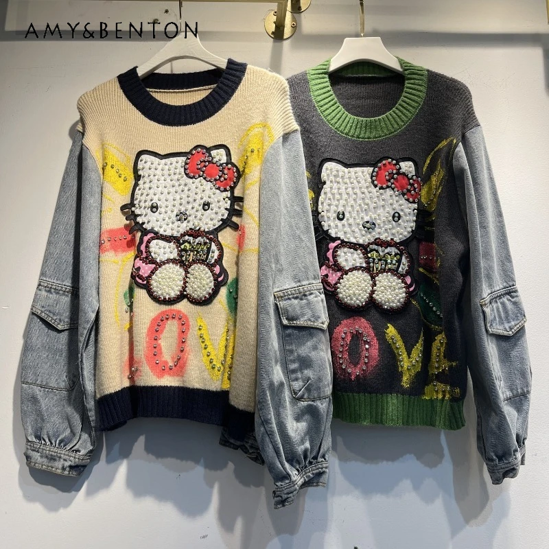 

Осень-зима 2022, новый женский лоскутный джинсовый свитер, стильный молодежный дизайн, верхняя куртка Y2k с буквами и стразами для тяжелой промышленности