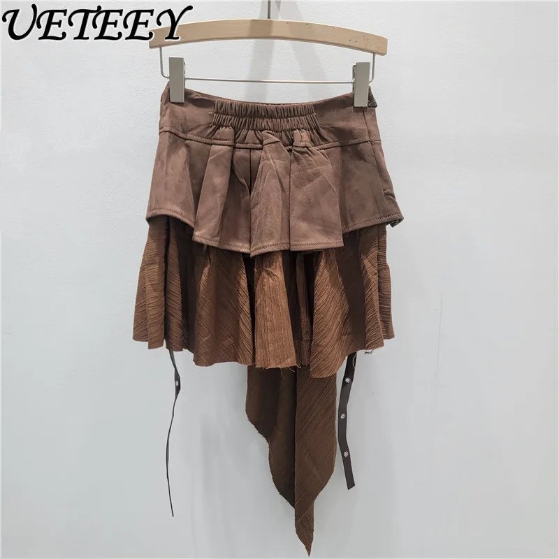 تنورة قصيرة كلاسيكية ذات ثنيات من جلد الغزال الصناعي للنساء، تنانير قصيرة أنيقة متعددة الاستخدامات عالية الخصر للتخسيس على شكل حرف a