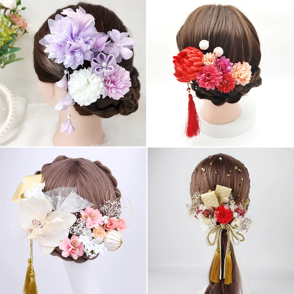 Japanese Handmade Fabric Flower Hair Accessories Clip Tassel Kimono Hairpin Headdress Geisha Barrette Wedding Festvial Hairpins