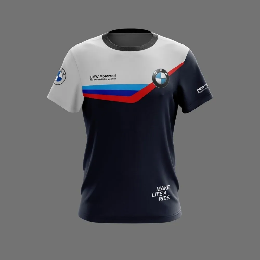 Modne, wygodne, oddychające koszulki sportowe do jazdy motocyklem na świeżym powietrzu Nowe koszulki z krótkim rękawem i okrągłym dekoltem z logo BMW z nadrukiem 3D