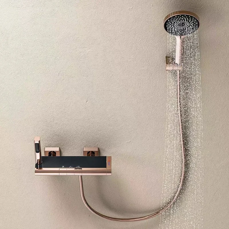 

Bathroom Shower Faucet Set Brass Wall Mounted Thermostatic Style Digital Show Waterfall Shower Brush Gold /Rose Gold Finished