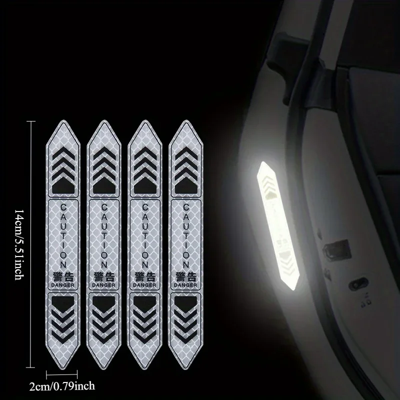4Pcs Reflective Door Warning Stickers Waterproof Safety Decals For Car EV Truck Motorcycle Bike Backpack Night Visibility
