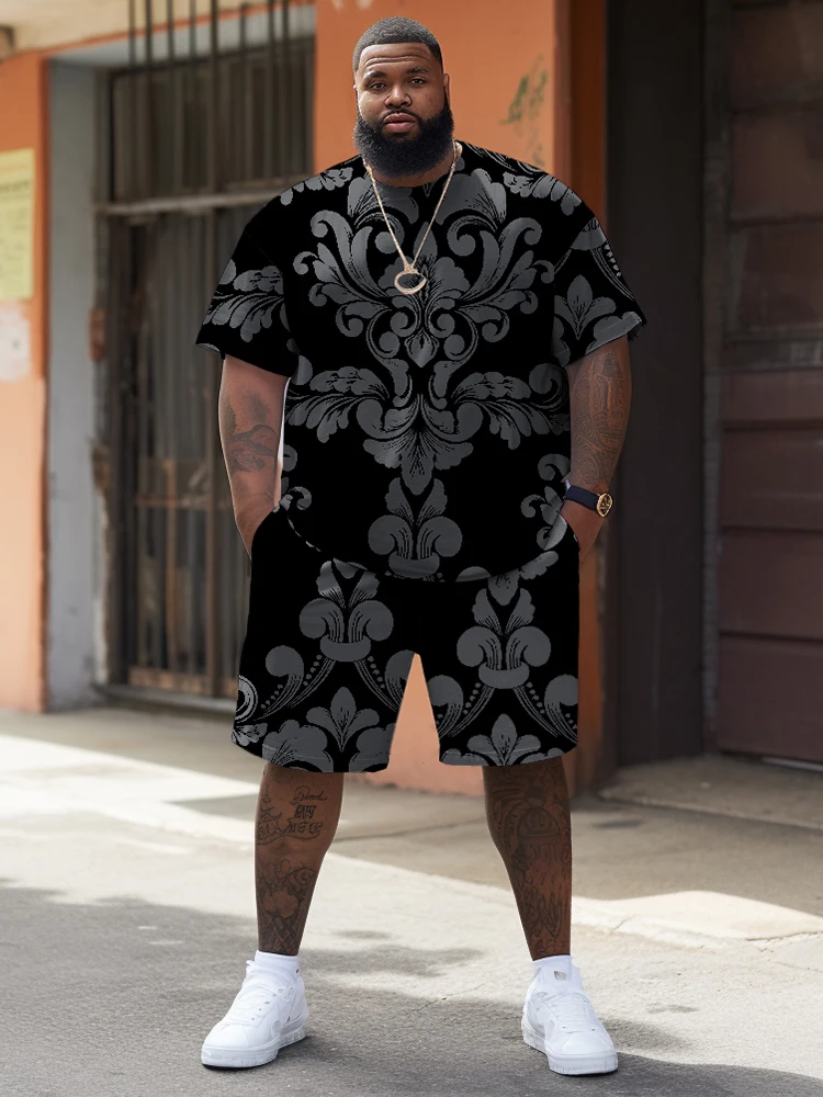 L-9XL Short sleeved T-shirt Shorts Set Plus Size Men Summer Casual Hip Hop Geometric Dark Pattern Print Two Piece Set ZOOY