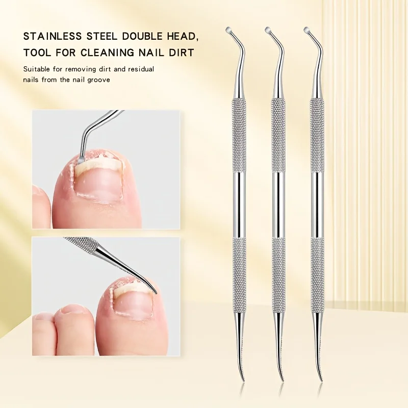 3pcs Stainless Steel Nail Cleaner Set,Stainless Steel Cuticle Removal Kit, Nail Trimmer and Pedicure Tools, Curved Nail Spoon