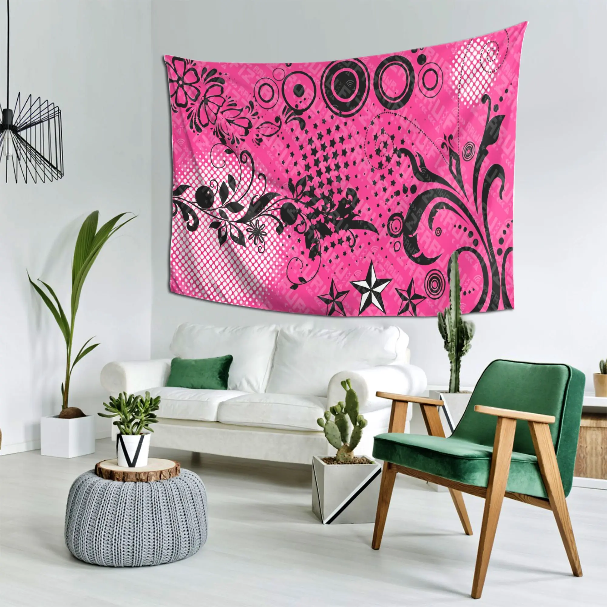 VIKAMA Y2K Millennium Style Black Pink Graffiti Tapestry Wall Hanging Home Decor for Bedroom Living Room Star Flower Wave Dot