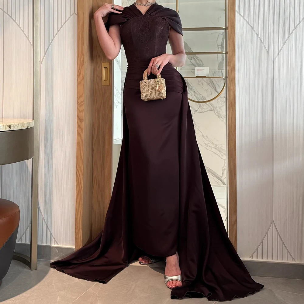 

Customized Mermaid Evening Dresses Floor-length V-neck Sleeveless Prom Gown Fsahion Lace Pleat Simple Draped Backless Party Gown