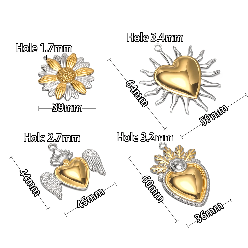3 Stück Edelstahl-Anhänger mit goldenen Herz- und Blumenmotiven für DIY Hip-Hop-Halsketten, Anhänger, Armbänder, Schmuckherstellungszubehör – Detail 3