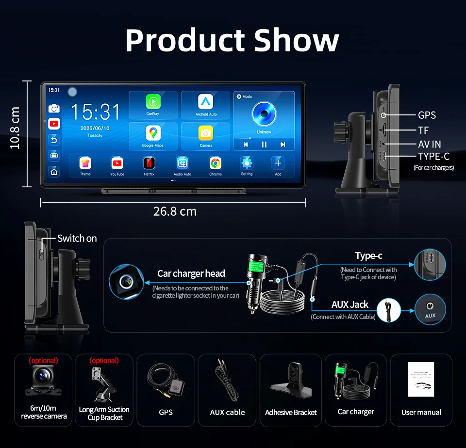 Imagebon W70 Carplay Auto Bildschirm With Rückfahrkamera Wireless Apple Carplay Android Auto Dashcam 11.4" 8 Core Android 14 Sma – Detail 18