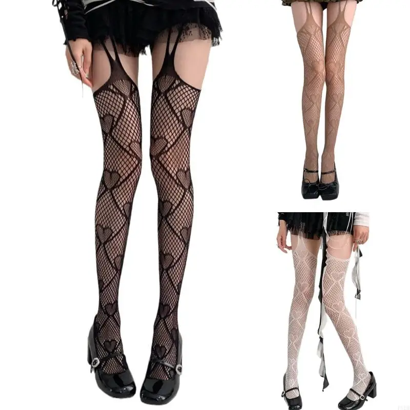 

P8DB Women JK Gothic Sexy Fishnet Garters Thigh Highs Stockings Tights Hollow Out Heart Patterned Sheer Suspender Pantyhose