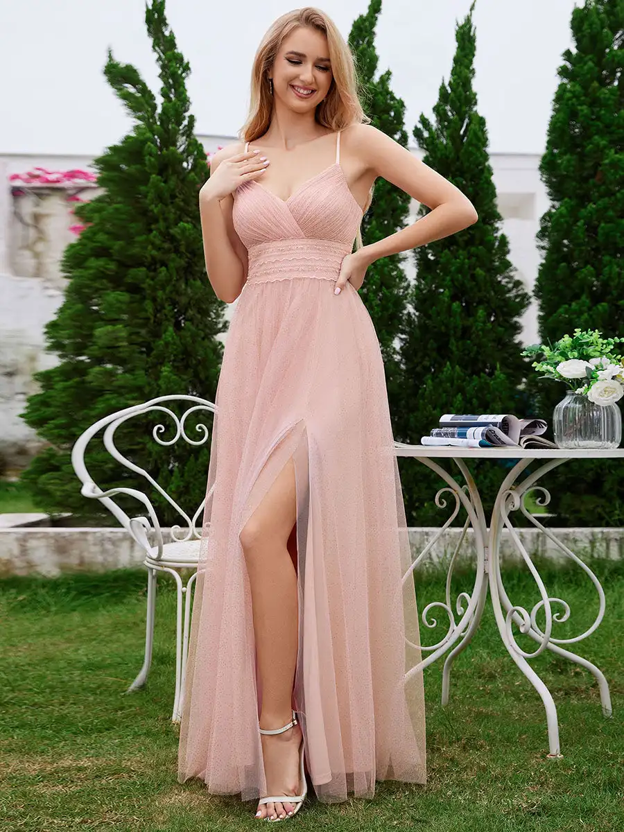 Sempre muito elegante vestido de noite, profunda v-colar, rendas plissadas, cintura pérola, fenda alta, comprimento do chão, vestido de dama de honra, rosa, 2024