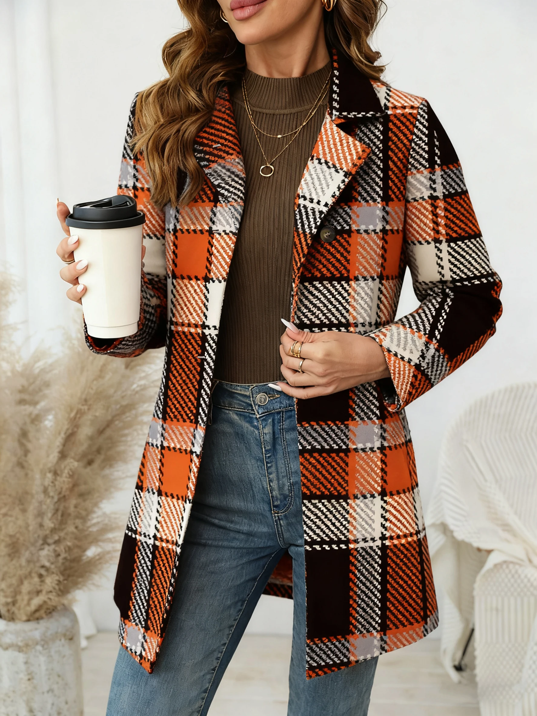 

Women's Daily Commute Notched Lapel Single Breasted Plaid Coat - Plaid Blend Fabric, Thick Warm Autumn Winter Outerwear