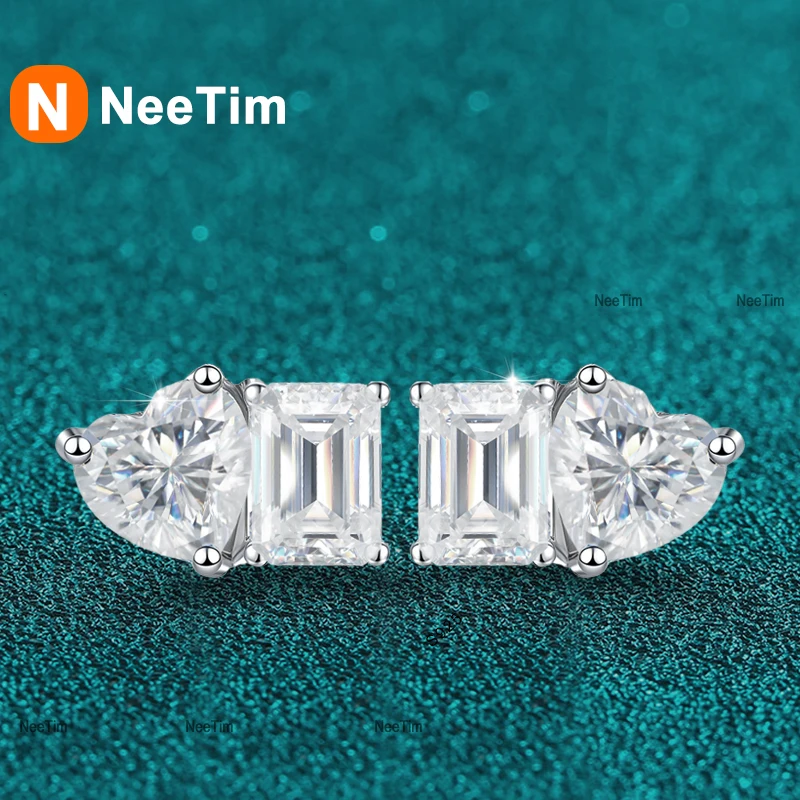 

NeeTim Emerald Heart Cut Moissanite Stud Earrings For Women 925 Sterling Silver Lab Gem Wedding Two Stone Studs Earrings Jewelry