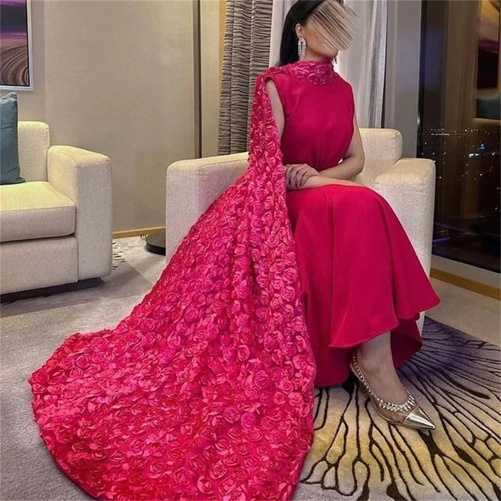 Fashion Mermiad High Collar Fuchsia Prom Dress Women Floor-length Evening Party Gown Formal Occasion Dresses فساتين السهرة