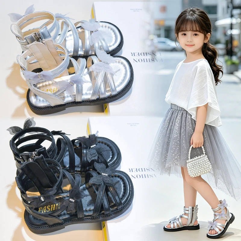 

Little Girls Cross Strap Roman Sandals 2026 New Summer Kids Ankle Boots Sandals Non-slip Simple Trendy Princess Party Wedding