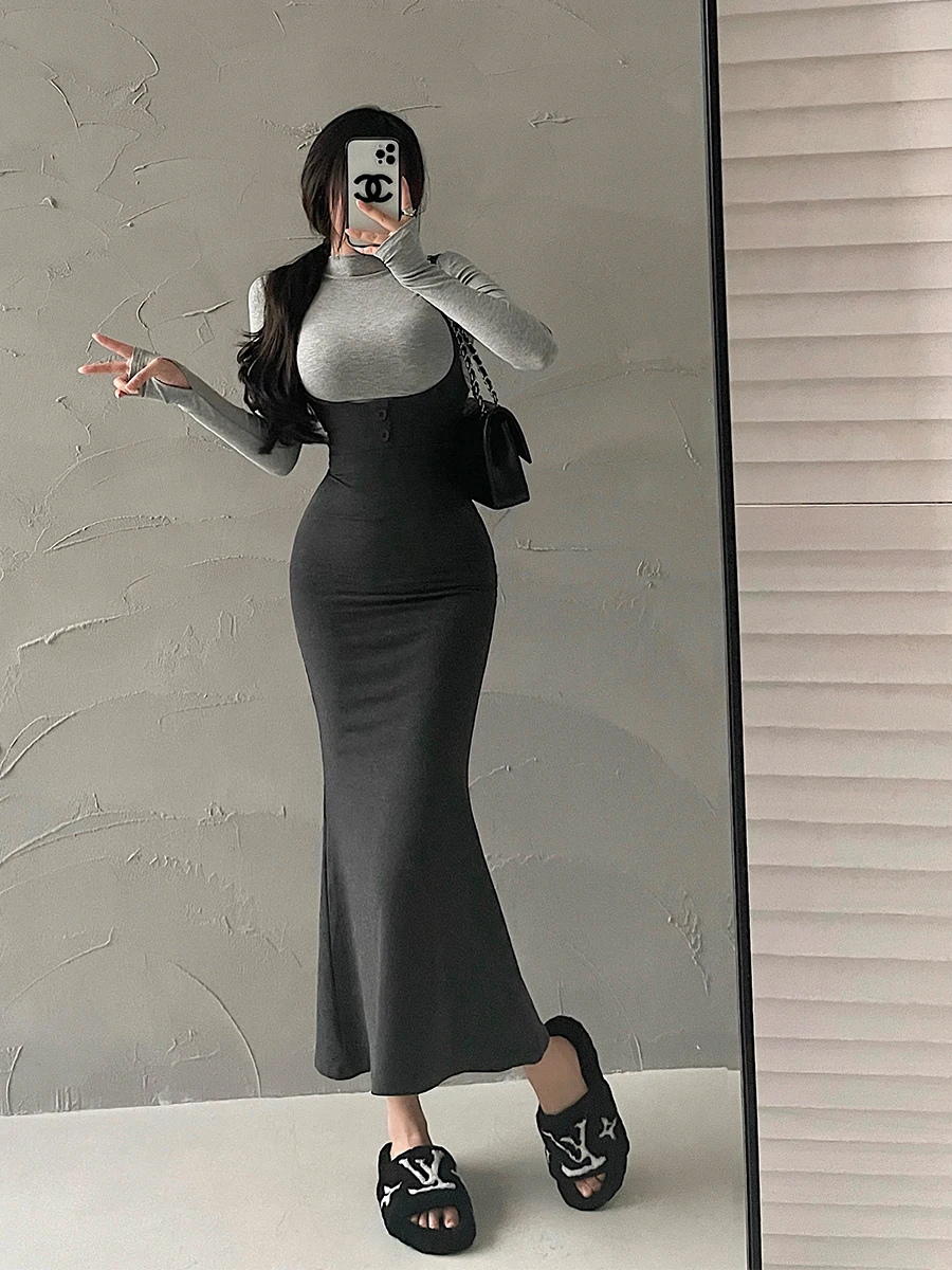 

Young Girl Day Pure Desire Sexy Tight Long Sleeve High Collar T-Shirt Bodycon Fish Tail Halter Dress Set Women's Fashion