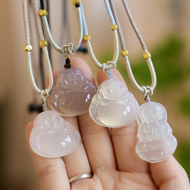 

Natural ice agate necklace, white chalcedony peace , Maitreya Buddha lotus pendant, sweater chain accessory wh