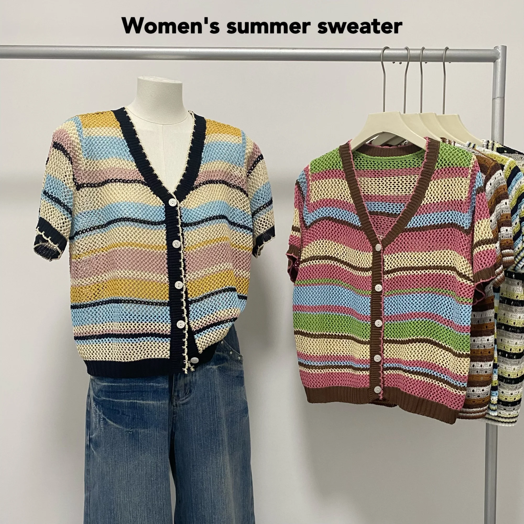 

Женский летний тонкий полый свитер, кардиган с короткими рукавами, модный вязаный свитер, новый популярный пуловер с v-образным вырезом, женский топ