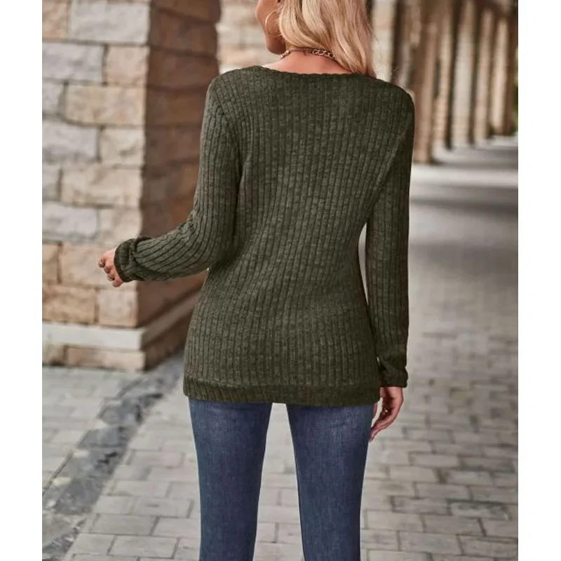 2023 New Autumn Fashion Solid Color Pit Striped Brushed V-Neck Panel Zipper Long Sleeve Temperament Women's Casual Sweater