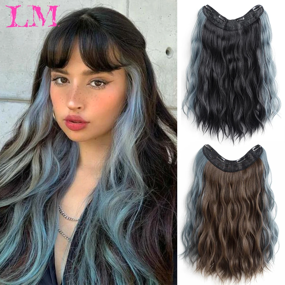 

LM Synthetic Long Wave Black Blue V-shaped Hair Extension Half Wig Heat Resistant Straight Fake Hair Hairpiece for Women