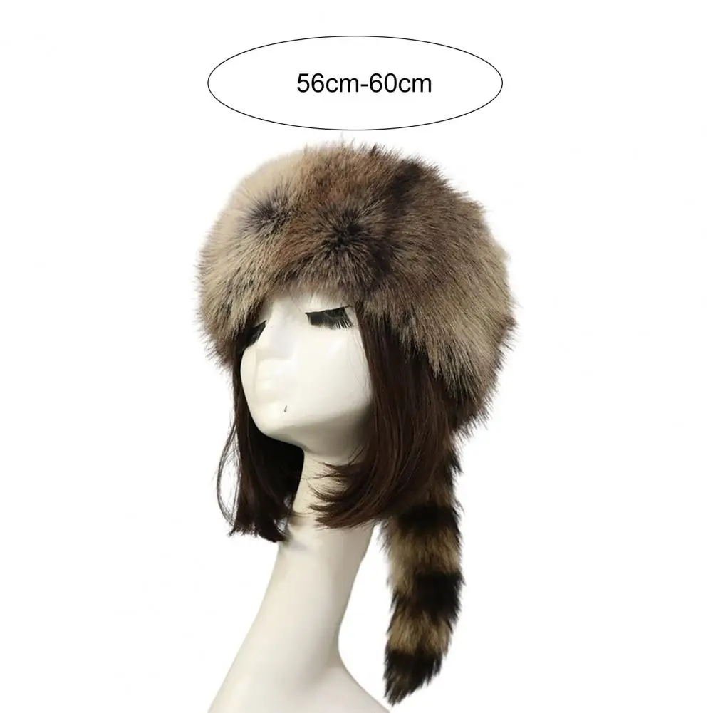 Ladies Winter Hat Soft Faux Fur Decor Elastic Hat Heat Retention Cossack Style Anti-slip Elastic Flat Top No Brim Outdoor Cap