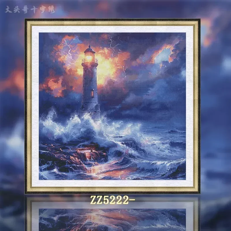 Stamped Cross Stitch Kit 14CT 16CT Pre Printed Canvas Cotton Thread DIY Embroidery for Home Wall Decor[ZZ5222-Nuhai Lighthouse]