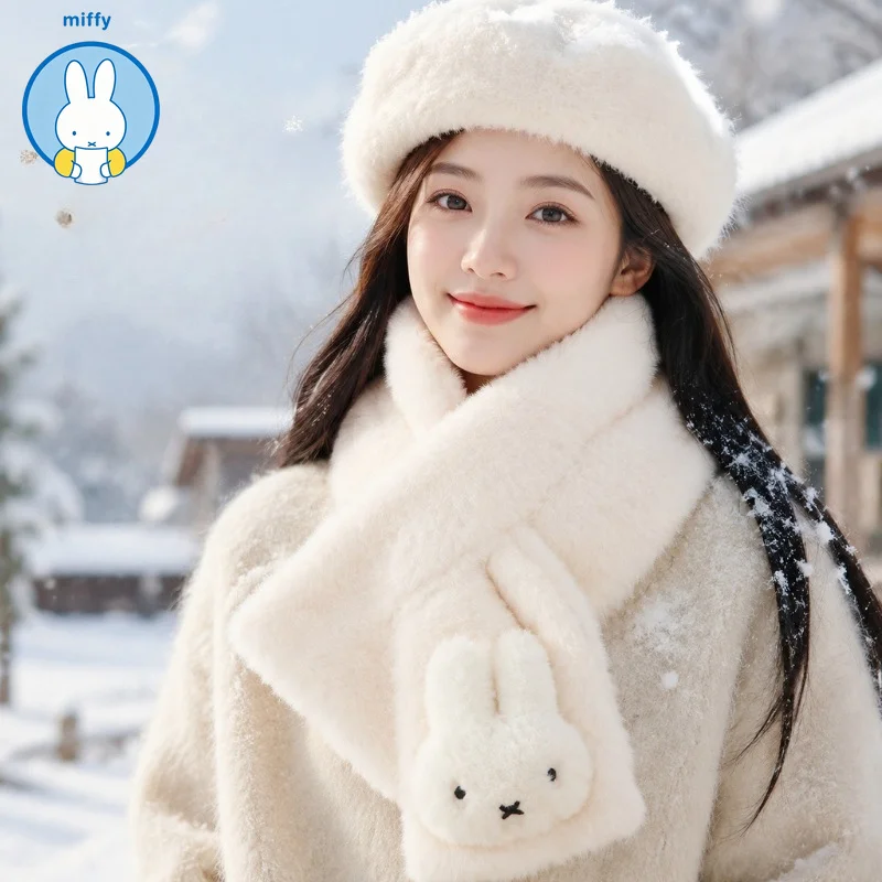 Kawaii Miffy Winter Plush Scarf Cute Cartoon Warm Thick Versatile Korean Style Neck Warmer for Students Couple Style
