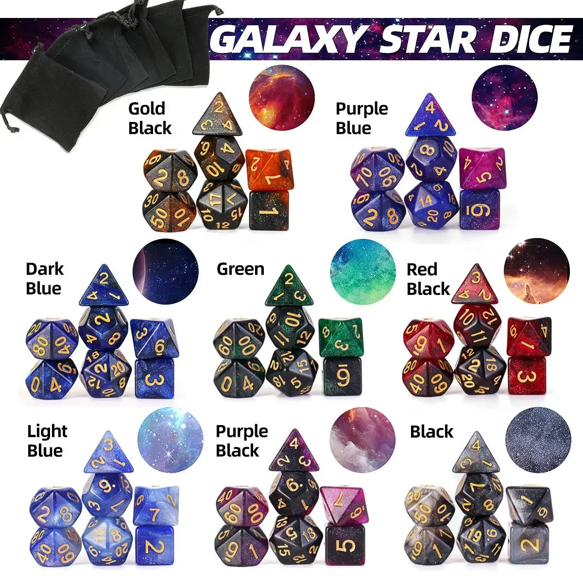 Nebula Dice Set Amazing Galaxy Polyhedral Dice with Black Drawstring Velvet Pouch for Tabletop RPGs Games 8 Colors 7pcs/set