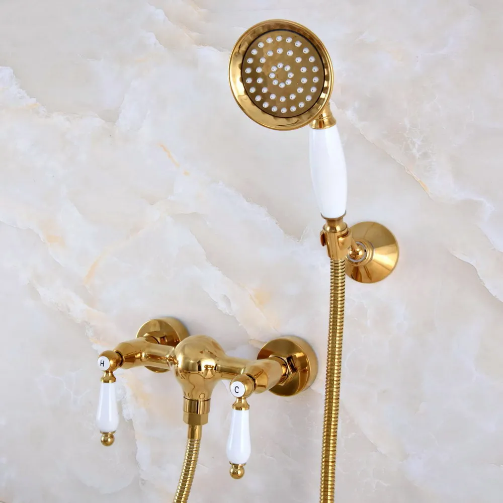 

Modern Polished Gold Color Brass Wall Mount Bathtub Faucet with Handheld Shower Set +1.5M Hose Mixer Tap 2na979