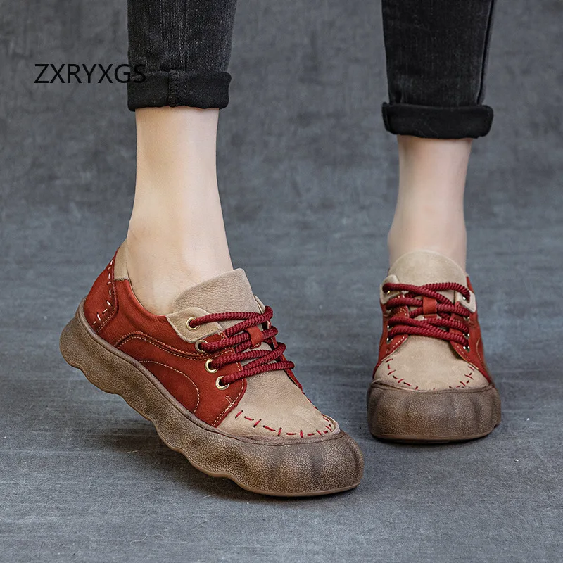 ZXRYXGS 2026 Classic Retro Mixed Color Top Cowhide Full Real Leather Shoes Fashion Sneakers Casual Shoes Comfortable Flats Tide