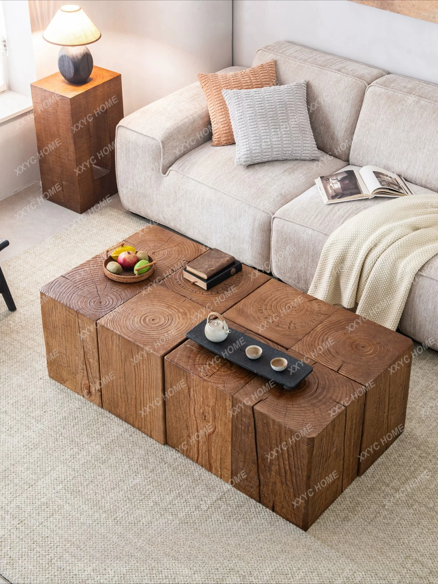 Wabi Sansan wind log solid wood small coffee table free combination pier low stool home sofa edge few wooden piles B & B living